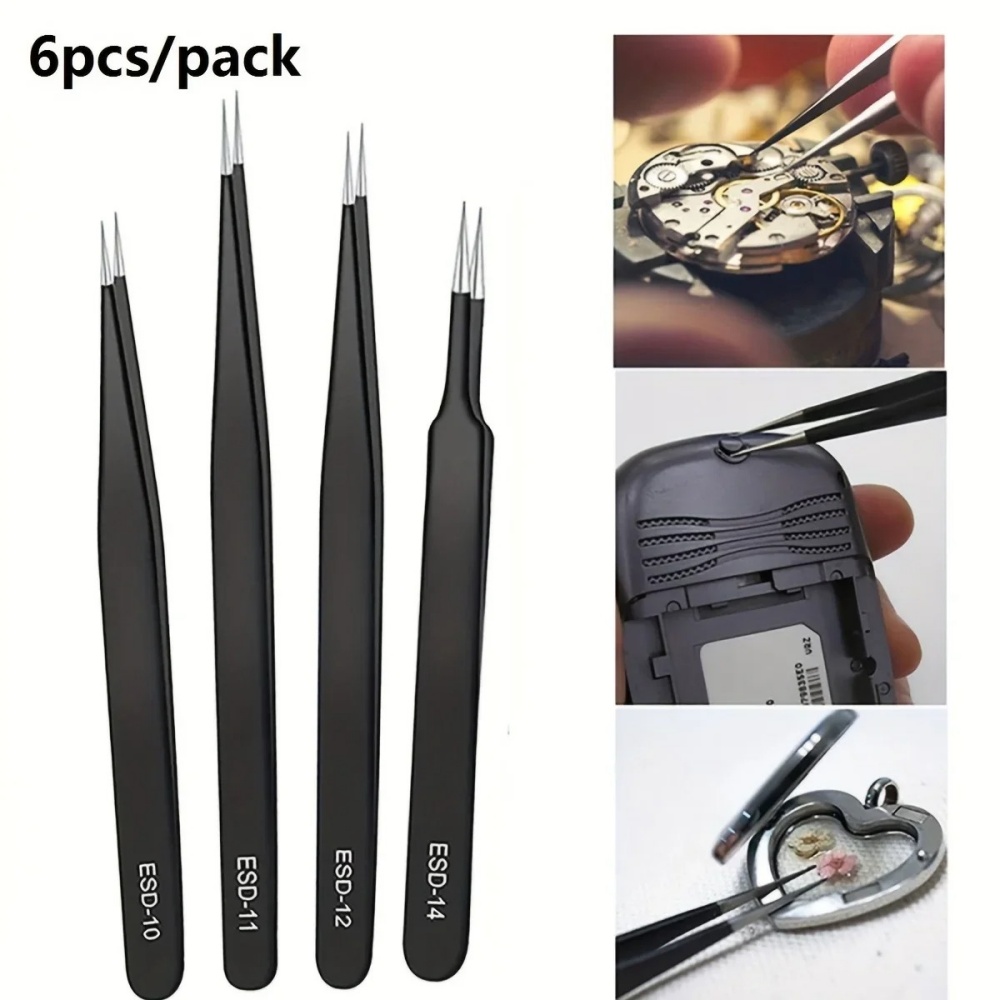 Electronics Repair Tools - 6pcs Precision Long Tweezers Set ESD